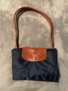 Longchamp Navy Nylon Crossbody with Cognac Leather Flap